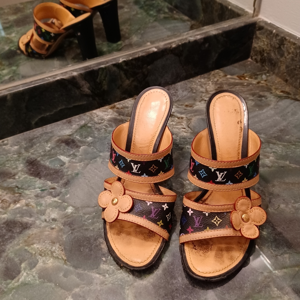 Authentic Louie Vuitton 80s Multicolored Monogram Slip-on Flower Sandals